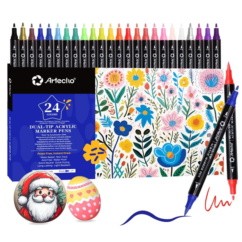 Artecho Acrylic Paint Pens 24 Colors, Dual Tip Acrylic Paint Markers with Brush Tip and Fine Tip for Rock Painting, Glass, Paper, Wood, Egg, Canvas, Ceramic, Fabric, leather, DIY Crafts