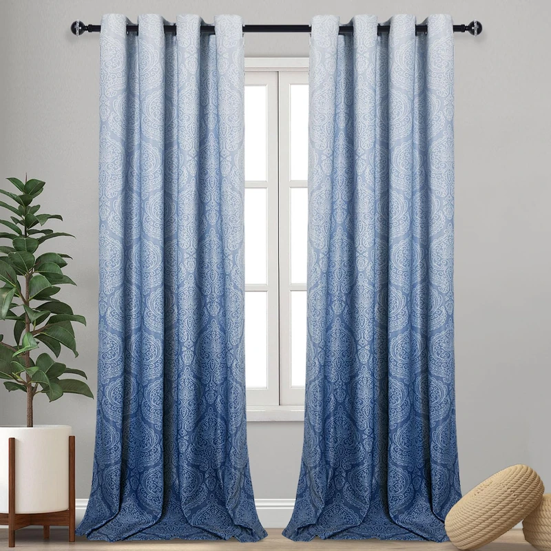 DWCN Ombre Blackout Curtains for Living Room - Thermal Insulated Block Light Energy Saving Privacy Gradient Damask Grommet Window Curtains for Bedroom, Set of 2 Panels, 52 x 102 Inch Length, Navy Blue