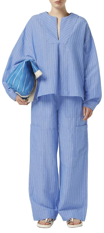 Scotch & Soda Cotton Linen Bib Shirt, Blue and White Pin Stripe 426, 16