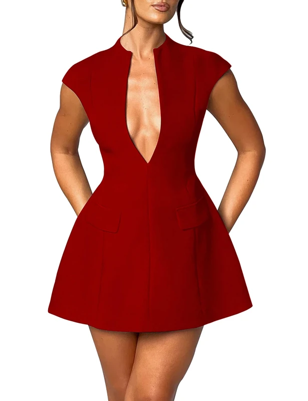 LuFeng Women's Summer Sexy Cap Sleeve Deep V Neck Zipper A-line Mini Dress Hollow Bodycon Night Out Party Dress, Red, S