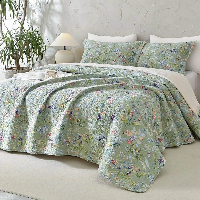 Lady Ann Green Floral 100% Cotton King Quilt Set - Green Flower Bird Butterfly Print Botanical Bedding,Vintage Lightweight Coverlet Ultra Soft Bedspread Set with Pillow Shams for All Season, 3 PCS