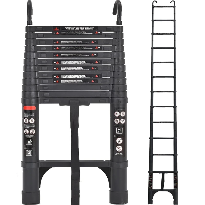 Exleiter Aluminum Telescoping Ladder, 3.8M/12.5FT Portable Extension Ladder with 2 Detachable Hooks Extendable Folding Ladder Anti-Slip Loft Ladder with Certificate EN 131, Black