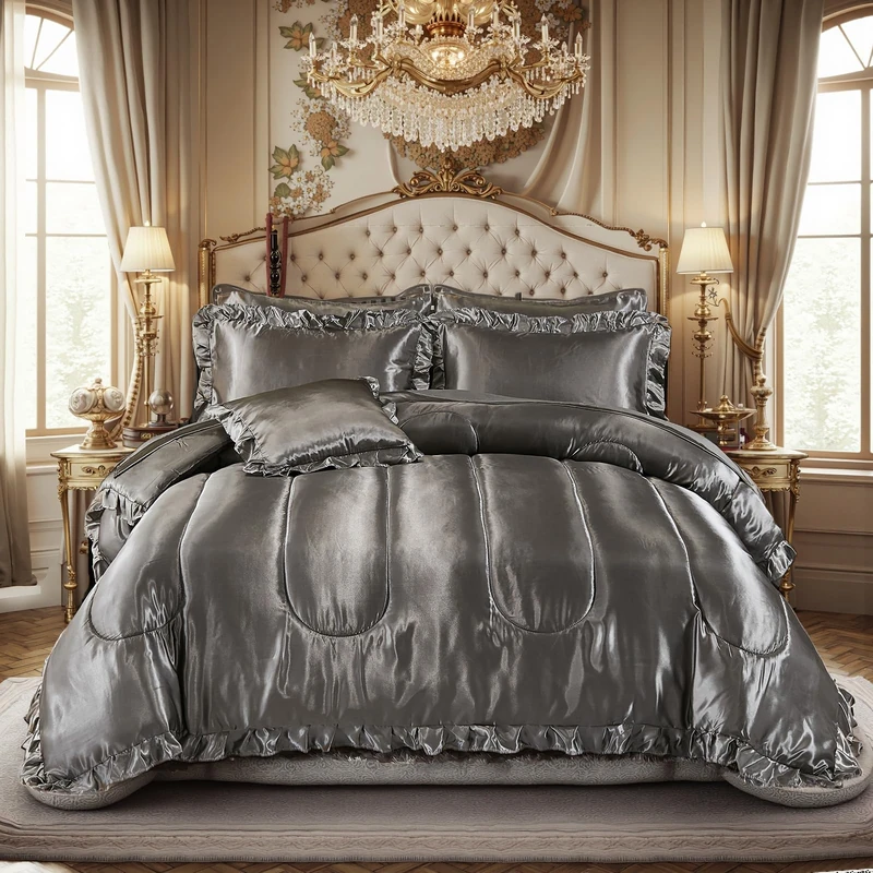 Grey Comforter Set with Satin Sheet Set King 8 Pieces Silk Like Satin Bedding Set Luxury Silky Ruffle Pattern Home Deocr Sexy Hotel Silky Bed Set with 1 Cushion Cover
