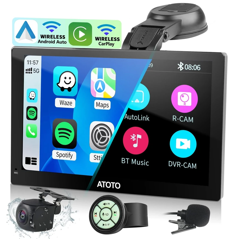 ATOTOEXCEL P5 7inch Wireless CarPlay Screen for Car, Android Auto Screen with 1080P Backup Camera, GPS Navigation, QLED Glare-Suppressing Touchscreen, Mirror Link, SWC/AUX/FM Output, P507SD-S21