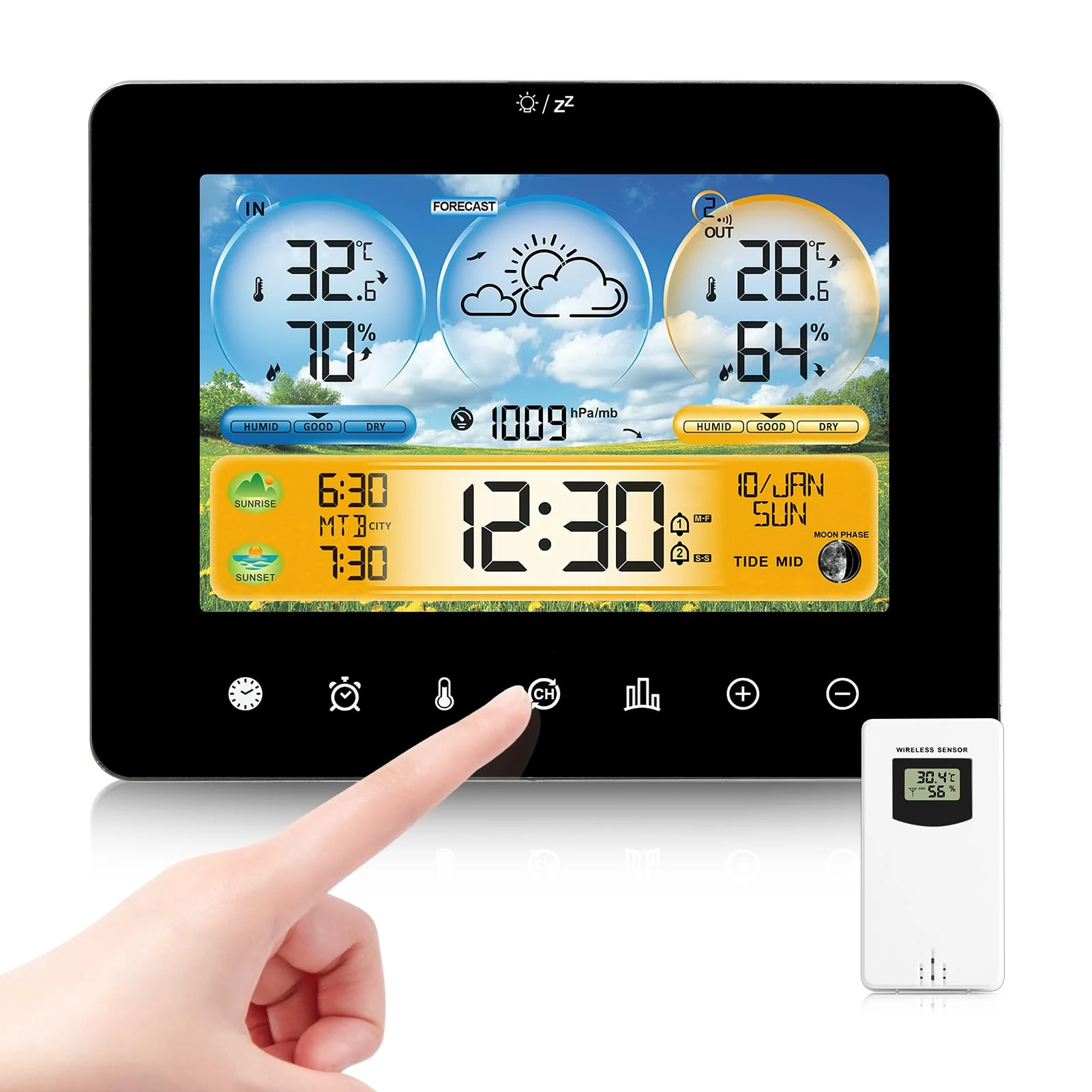 Weather Stations Wireless Indoor Outdoor, Upgrade Touch Pannel LCD Digital Weather Station with Temperature/Humidity/Barometric/Forecast/Moon Phase/Alarm Clock/Outdoor Sensor for Home Garden Office