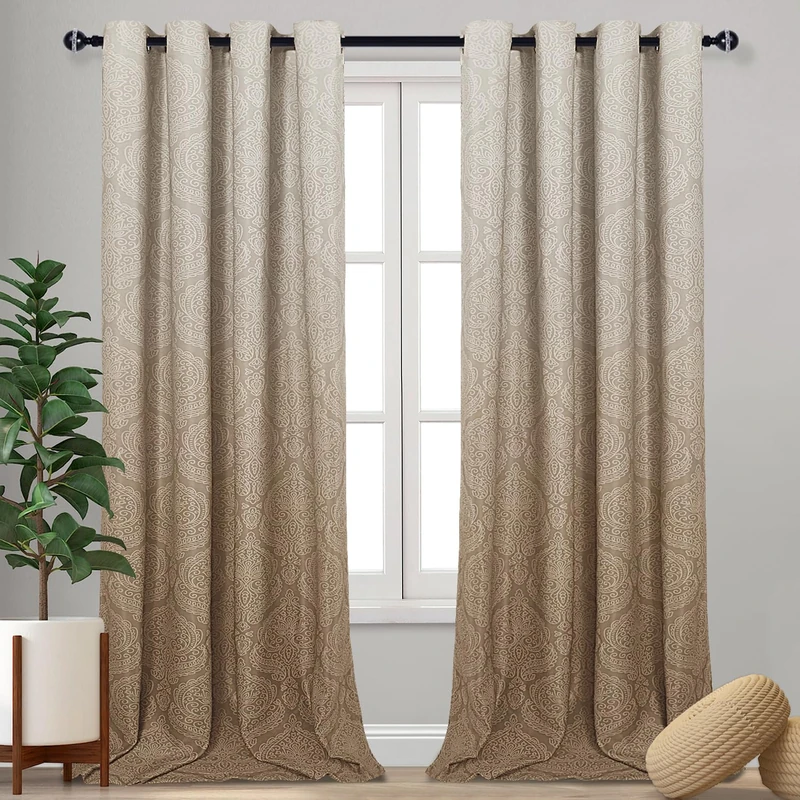 DWCN Ombre Blackout Curtains for Living Room - Thermal Insulated Block Light Energy Saving Privacy Gradient Damask Grommet Window Curtains for Bedroom, Set of 2 Panels, 52 x 102 Inch Length, Taupe