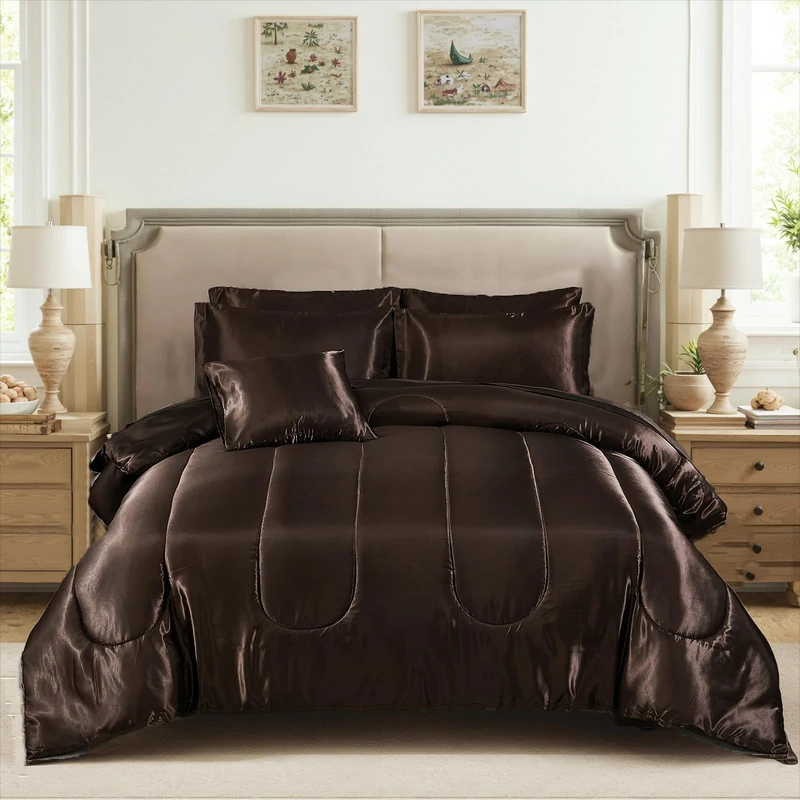 Bedding_Dreamer Silk Like Sarin Comforter Set with Sheet Set Queen 8 Pieces Satin Bedding Set Sexy Silky Bed-in-a-Bag Luxury Hotel Brown Comforter Set with 1 Cushion Cover Vegan Silky Bed Set