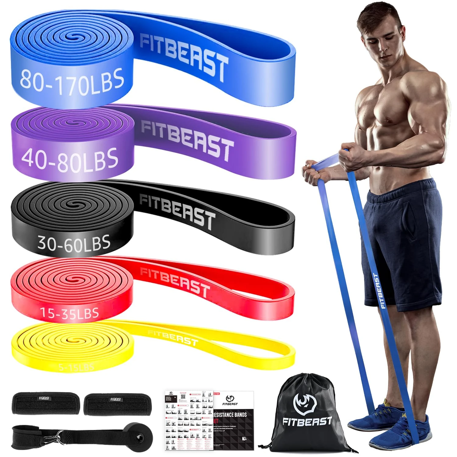 FitBeast Resistance Bands Set, 5 Levels Pull Up Bands for Bodyweight Training, Powerlifting, Muscle Building, Home Gym Workout, Stretching, Stretch Bands with Door Anchor (Bright Spectrum 5-170 LBS)