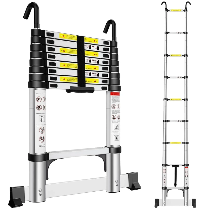 Exleiter Extendable Telescopic Ladder 2.6M, Aluminium Telescoping Ladder with Detachable Hooks and Stabiliser Bar, Adjustable Height Portable Sturdy Loft Ladder Secure Climbing for Home