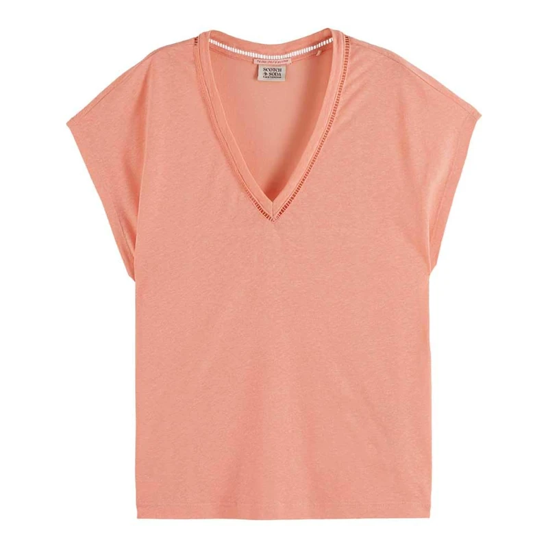 Scotch & Soda Women's Cotton Linen V-Neck T-Shirt, Peach Pink, XL