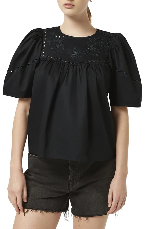 Scotch & Soda Women's Cotton Twill Embroidered Top, Black, 12