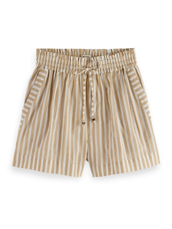Scotch & Soda Women's Printed Linen High-Rise Shorts, Desert Sand Stripe with Lurex, S