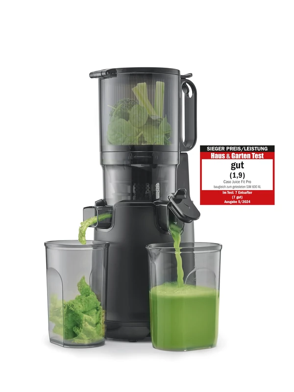 CASO Juice Fit Pro – Slow juicer, soft and gentle juicing thanks to the low rotation speed (40 rpm), Fill'n Juice – Large filling opening of 130 mm diameter for whole fruits without