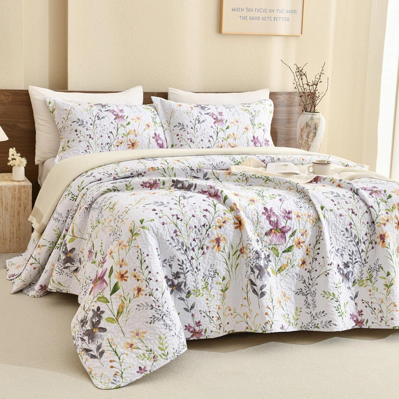 Lady Ann Oversized cali King Bedspreads for Extra Bed 120x120, Wild Floral Printed Quilt Set 100% Cotton Flower Botanical Pattern Bedding, Vintage Coverlet with Pillow Shams for All Season, 3 PCS