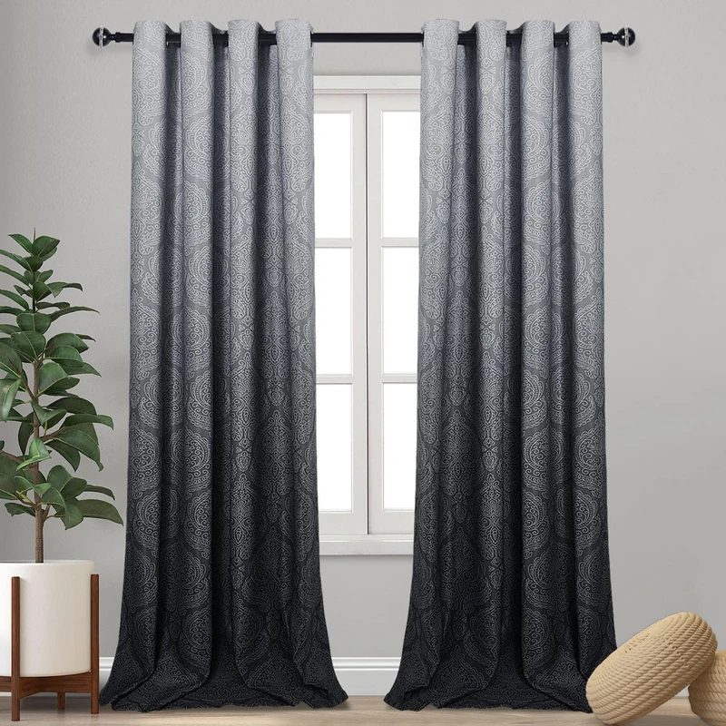 DWCN Ombre Blackout Curtains for Living Room - Thermal Insulated Block Light Energy Saving Privacy Gradient Damask Grommet Window Curtains for Bedroom, Set of 2 Panels, 52 x 102 Inch Length, Black