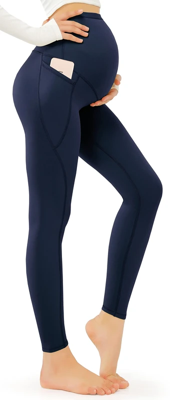 JOYSPELS Women's Maternity Leggings Over Bump with Pockets Soft Belly Support Yoga Pants Workout Pregnancy Gym Leggings UK Navy Blue M