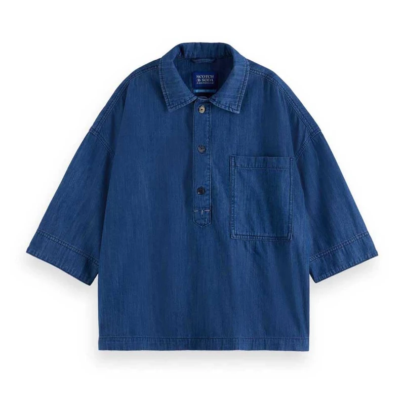Scotch & Soda Women's Lightweight Denim Popover Shirt, Washed Indigo, 16