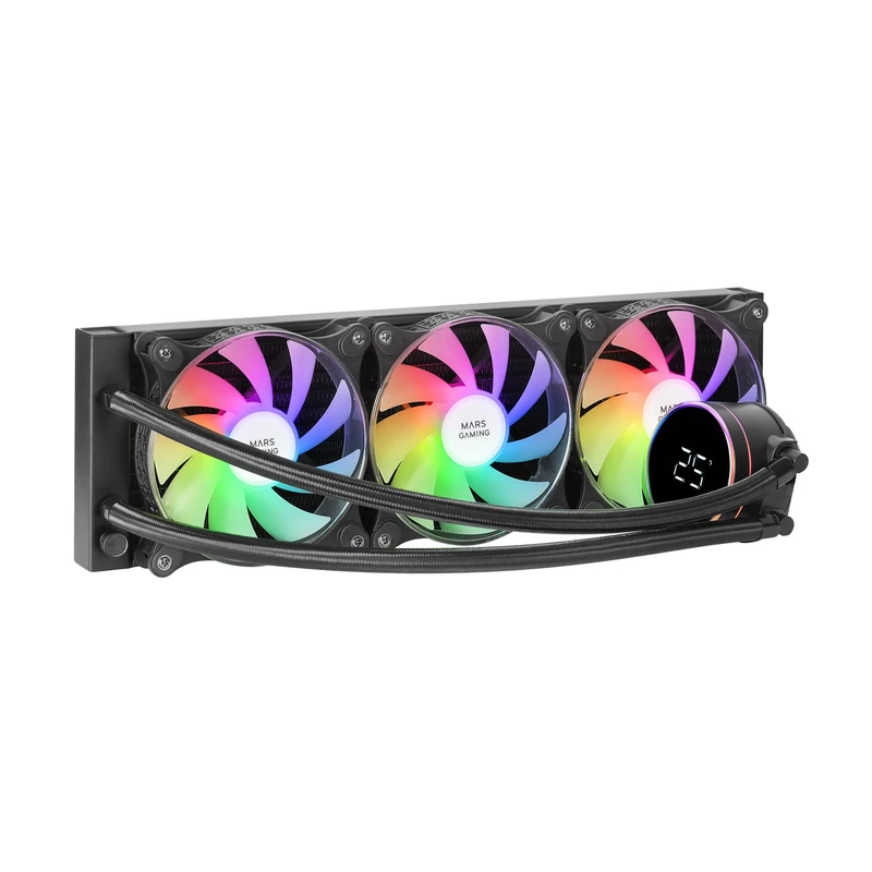 Mars Gaming ML-LCD360, AIO Liquid Cooling, 600W TDP, 3x 120mm FDB ARGB Fans, LCD Display with Temperature Monitoring, Opti-Chamber 3rd Gen Pump, Universal Multisocket, Black