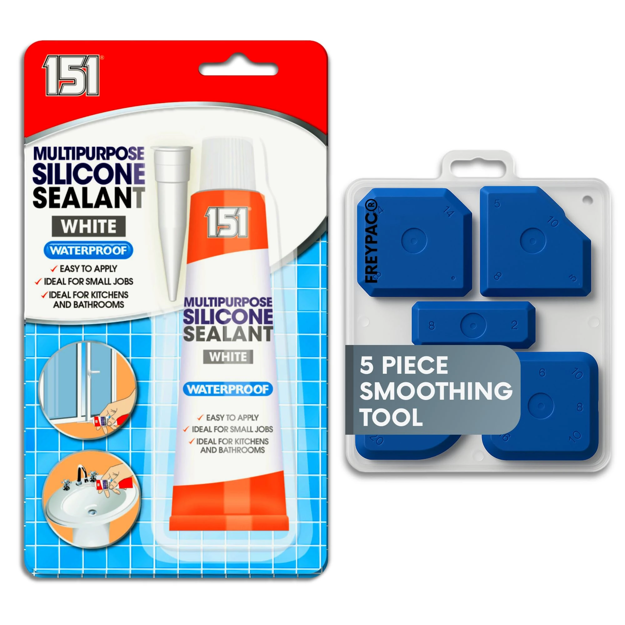 151 White Waterproof Silicone Sealant with 5 Piece Sealant Smoothing Tool Finishing Kit, Perfect for the Bath, Shower, Tiles, Aquariam Repairs, 70g, FREYPAC Bundle