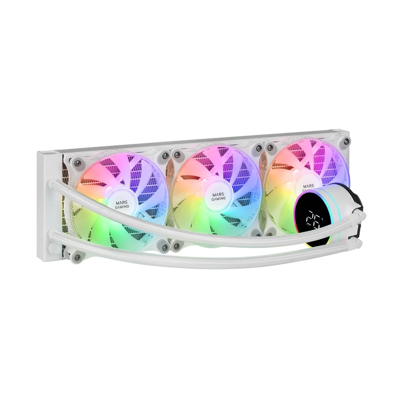 Mars Gaming ML-LCD360, AIO Liquid Cooling, 600W TDP, 3x 120mm FDB ARGB Fans, LCD Display with Temperature Monitoring, Opti-Chamber 3rd Gen Pump, Universal Multisocket, White