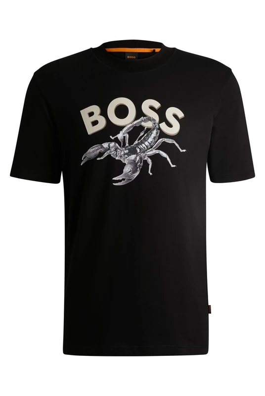 BOSS Mens Te Bossfish Cotton-Jersey T-Shirt with Photo Print Black