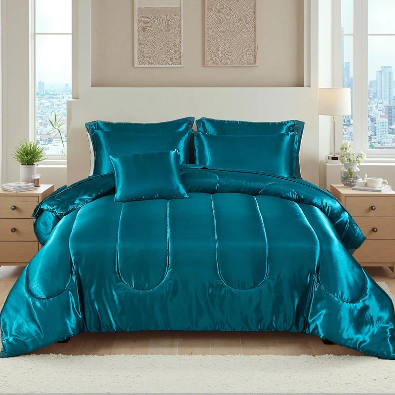 Satin Comforter Set with Sheet Set Queen Silk Like Satin Bed in a Bag 8 Pcs Luxury Silky Bedding Set Peacock Green Bed Set Hotel Sexy Silky Comforter Set with 1 Cushion Cover