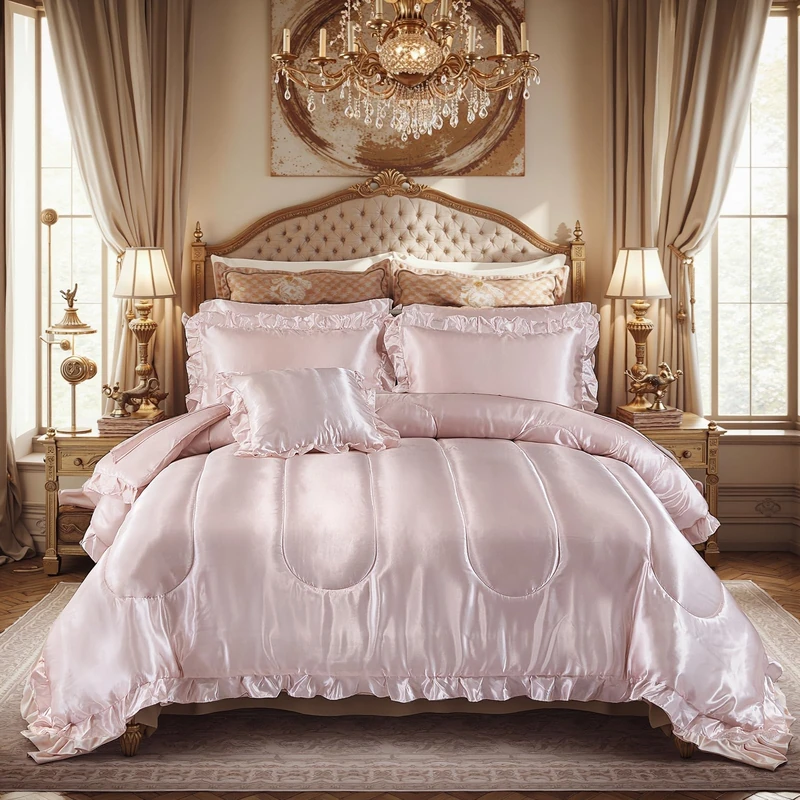 Luxury Silky Comforter Set with Sheet Set Queen 8 Pieces Light Pink Bedding Set Silk Like Satin Ruffle Pattern Home Deocr Sexy Hotel Silky Bed Set with 1 Cushion Cover
