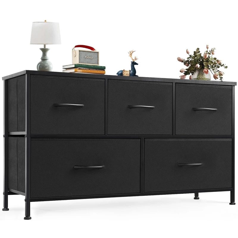 NEWBULIG Dresser Cabinet Organiser and Storage, TV Stand for Bedroom Furniture with Shelves, Easy Pull Fabric Containers, Metal Wood, Black, 5 Draws