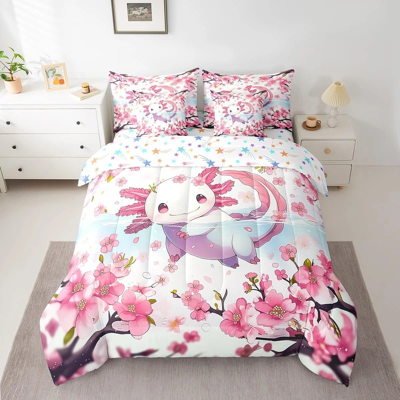 Feelyou Boys Girls Cute Axolotl 7 Pieces Bedding Sets Twin Size, Cartoon Salamander Bed in A Bag Ocean Sealife Comforter Set with Sheets Kids Kawaii Teens Bed Set Bedroom Decor