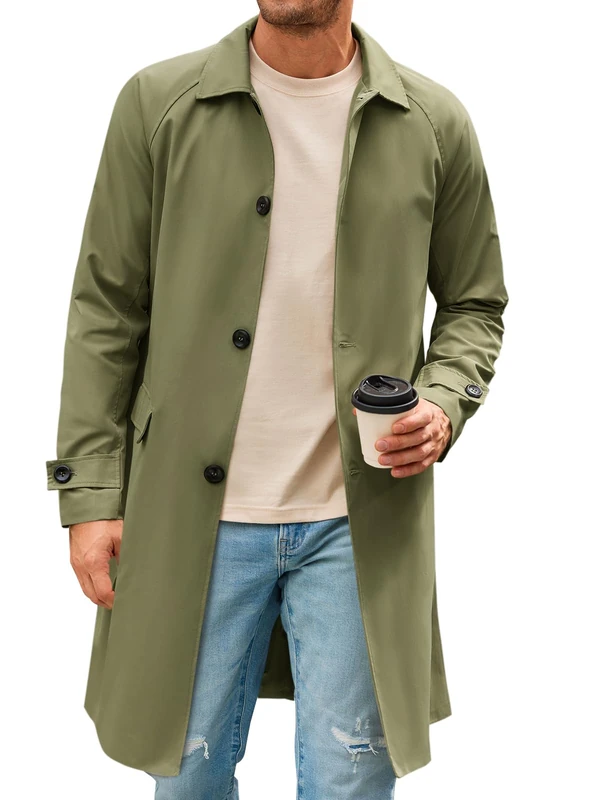 Runcati Mens Trench Coat Slim Fit Single Breasted Long Windbreaker Jacket Classic Lapel Casual Overcoat, Army Green, Medium
