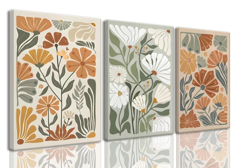 KISSFOX Framed Canvas Wall Art Abstract Floral Botanical Print Set of 3 Green Beige Wildflower Flower Market Paintings Boho Modern Minimalist Pictures Decor Bedroom Bathroom Living Room 16"x24"