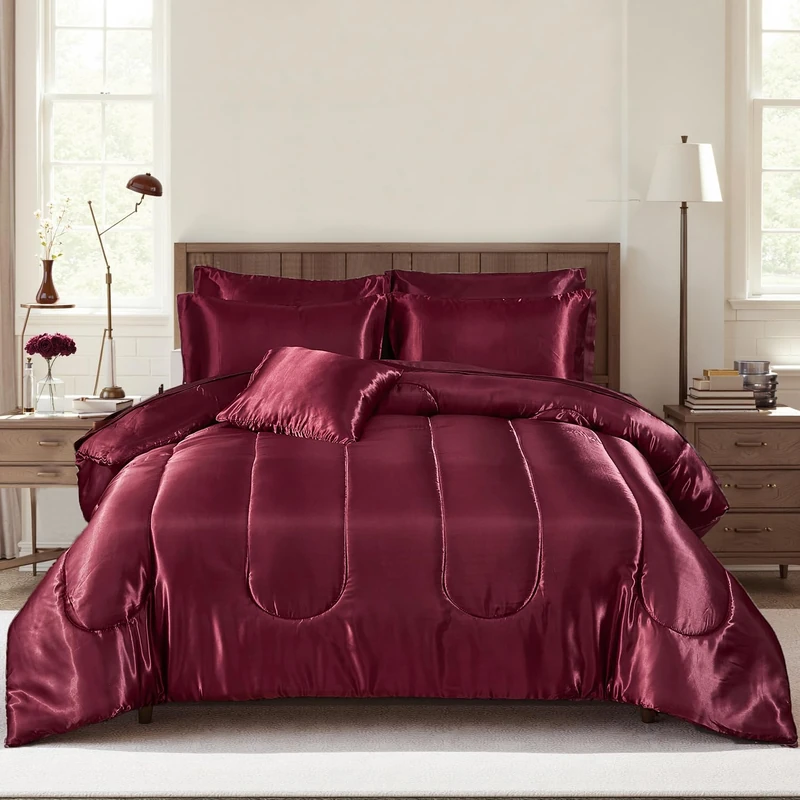 Bedding_Dreamer Satin Comforter Set Queen Size, 8 Piece Bed in a Bag Burgundy with Sheets, Silky Soft Polyester Satin Bedding Set, Lightweight, 16 Inch Deep Pocket, Elegant Luxury Style