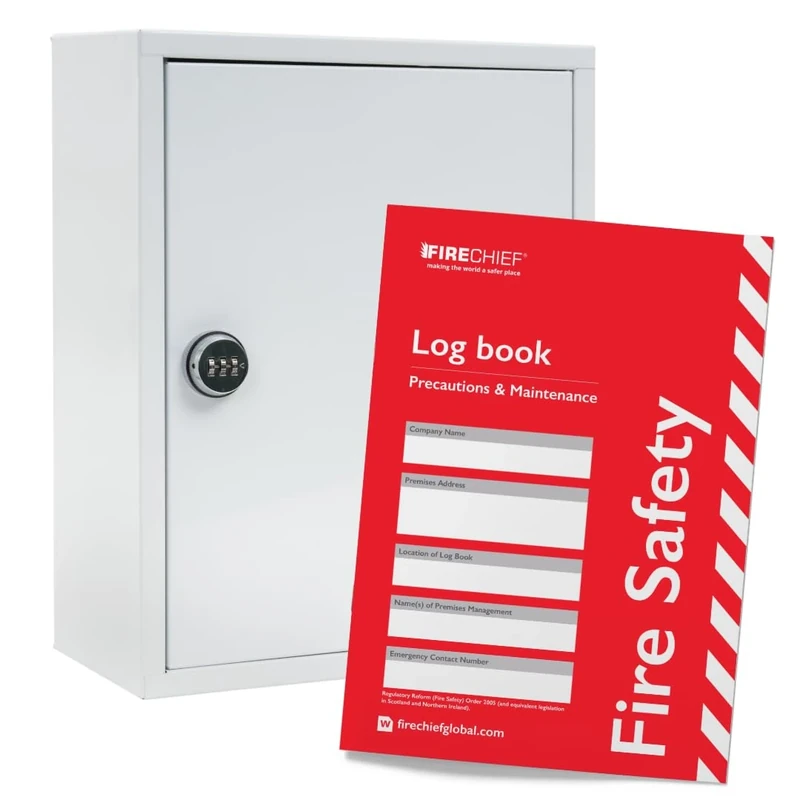 Firechief® Fire Safety Log Book & White Metal Document Cabinet with Combination Lock for A4 and A5 Documents - for Offices, Public Buildings, and Commercial Premises