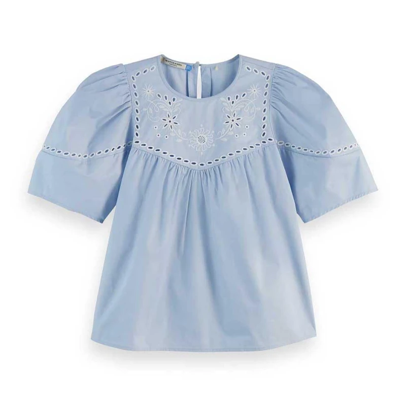 Scotch & Soda Women's Cotton Twill Embroidered Top, Shirting Blue, 14