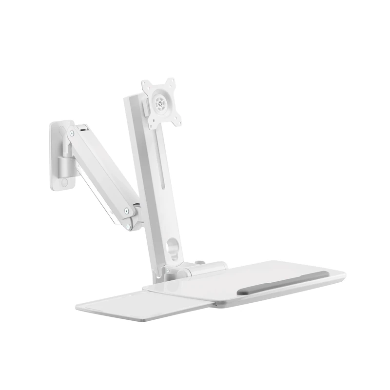 PureMounts Monitor Stand with Keyboard Tray, Wall Mount Display Stand with Keyboard Tray, Height Adjustable, Swivel, Tilt, Standing Workstation, White
