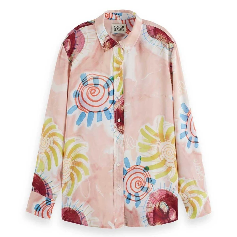 Scotch & Soda Women's Printed Relaxed fit Shirt, Abstract Sun Pink, 10