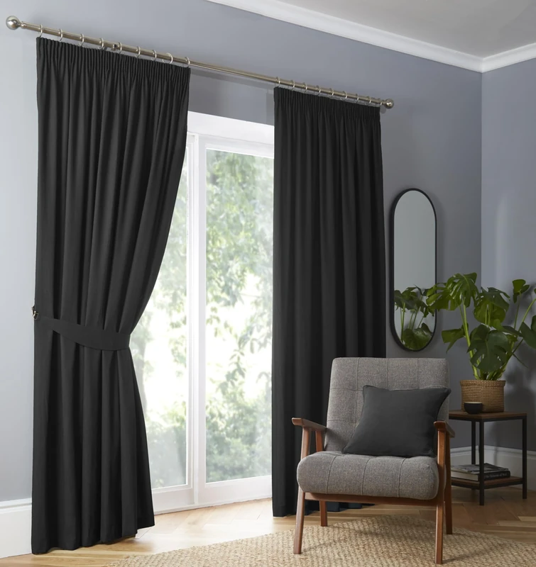 Fusion Black Blackout Curtains W90 x L72 (229 x 183cm) – Pencil Pleat Thermal Drapes – Plain Black Window Treatment for Bedroom & Living Room – 2 Panels – 100% Cotton