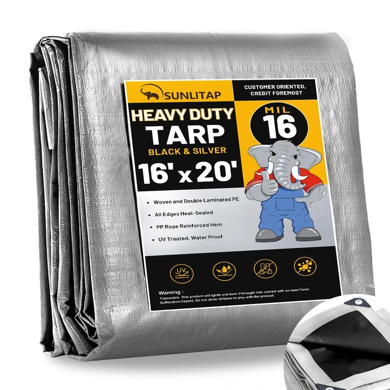 SUNLITAP Heavy Duty 16mm Waterproof Tarp 15 x 20 Feet Premium Tarpaulin with Metal Grommets and Reinforced Edge, Multipurpose Thick Tarpaulin for Car, Boat, Roof, Camping
