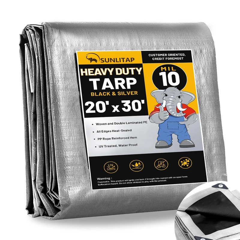 SUNLITAP 10 Mil Heavy Duty Waterproof Tarps, 20x30 Ft Finished Size Tarps, Premium Tarp with Metal Grommets & Reinforced Edge, Multipurpose Thick Poly Tar for Car, Boat, Roof, Camping - Silver