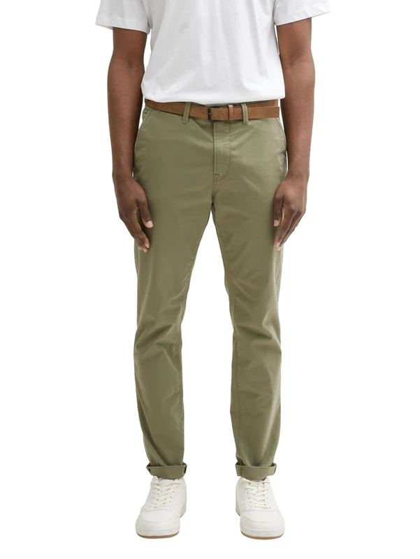 Tom Tailor Denim Men's 1020451 Straight Fit Chino Trousers with Belt, 10905 Tree Moss Green, 34 W/32 L