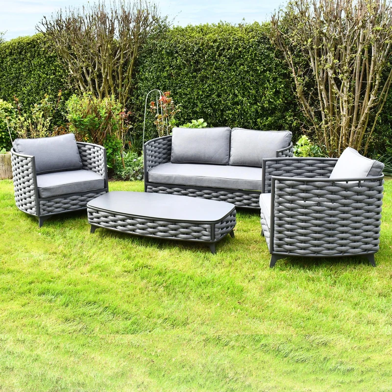 SAC Deluxe Rope Weave Patio Set, Waterproof Garden Furniture, Luxury Outdoor Sofa & Table Cushioned Seating, Hotel Quality, Tempered Glass Table, Grey