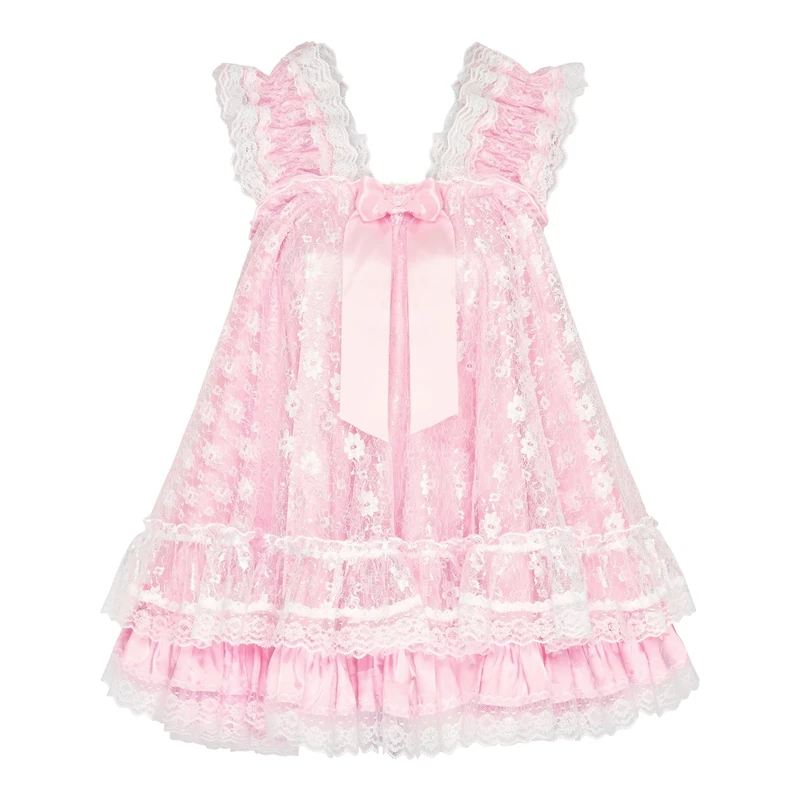 Satini Lingerie Satin Sissy Babydoll Ruffles Frilly Lace Nightie Negligee Cosplay Nightwear Dress (Baby Pink - White, XL)
