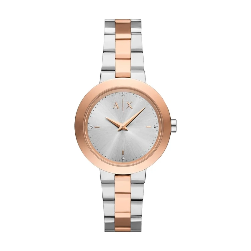 Armani Exchange Watch for Women, Quartz Two Hand Movement and 36mm Case Size with Stainless Steel or Leather Strap, Silver and Rose Gold Tone