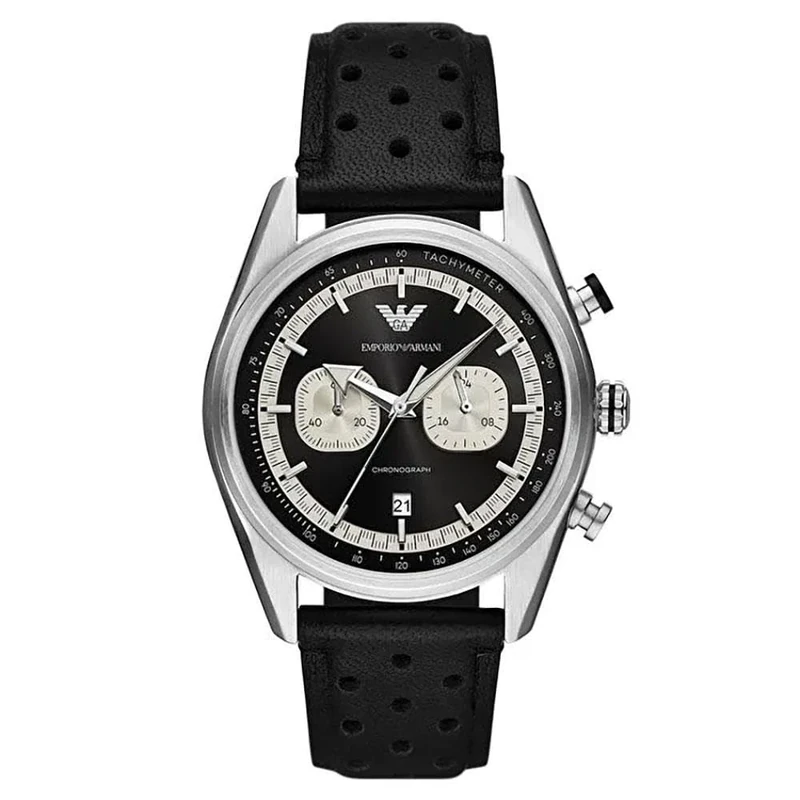 Emporio Armani men's chronograph watch black background AR11635 steel case leather strap