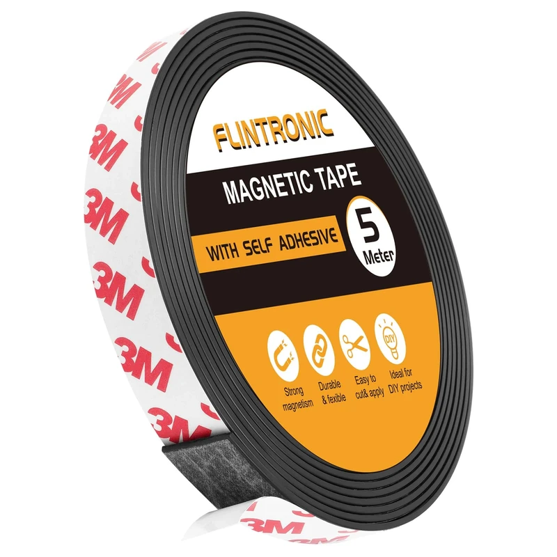Flintronic 5m Magnetic Tape Self Adhesive, 30mm Magnet Strips for Window Screen/Door Curtain, Magnetic Strips with self Adhesive Backing, Cut and Stick Freely, for Whiteboards, Fridge Organization