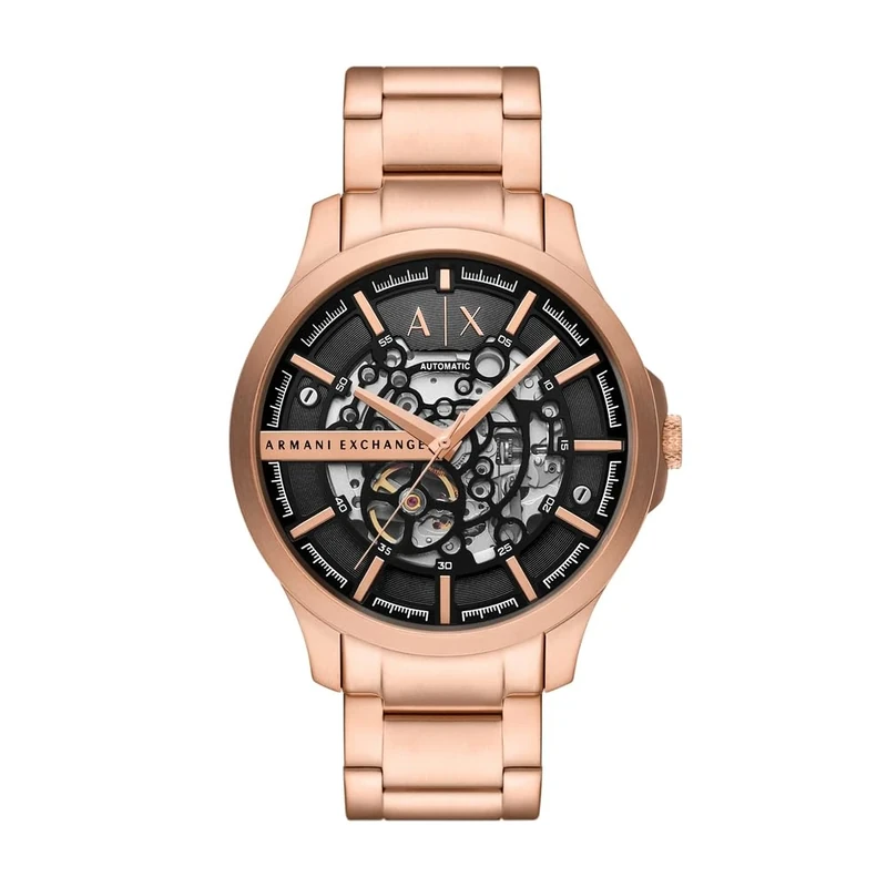 Armani Exchange Watch for Men Automatic Movement and 46mm Case Size with Stainless Steel Leather or Silicone Strap, Rose Gold Tone