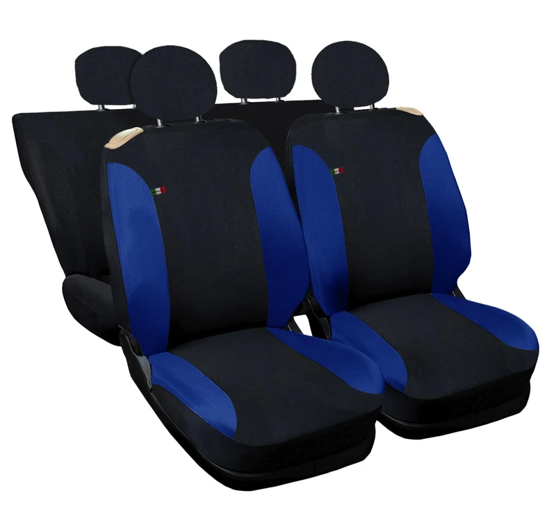 Auto Accessori Lupex Car Seat Covers Compatible with Cinquecento 500, Made in Italy, Polycotton Fabric, Front and Rear Sets (Black - Royal Blue with Back Backrest 50e50)