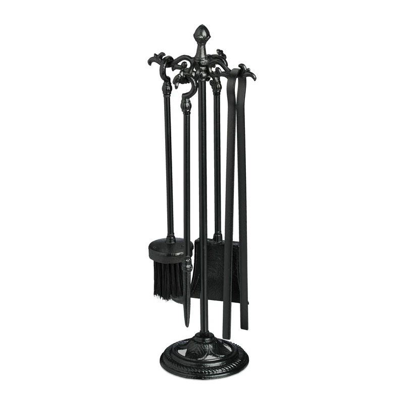 Relaxdays Fireplace Tool Set, 5-pieces, Poker, Ash Shovel, Stove Broom, Tongs & Stand, Fire Place Accessories, Black