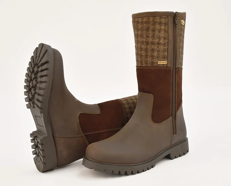 Rhinegold Women's Albany Tweed Mid-Calf Country Boots (Size 5) 100% Waterproof Mid Calf Zipper Boots with Thermal Lining. Leather Women's Winter Boots. Ladies Country Boots with Tweed Upper Section.