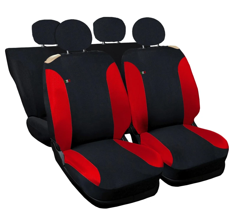Auto Accessori Lupex Car Seat Covers Compatible with Cinquecento 500, Made in Italy, Polycotton Fabric, Front and Rear Sets (Black - Red with Full Back Back)